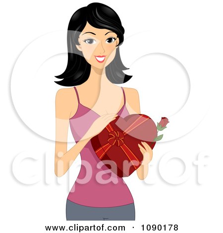 Clipart Young Asian Woman Holding A Rose And Valentine Chocolate Box - Royalty Free Vector Illustration by BNP Design Studio