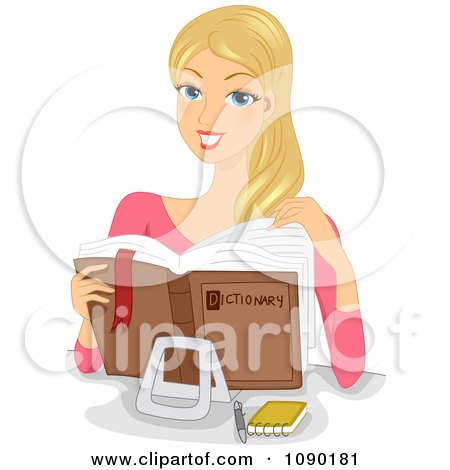 Clipart Blond College Student Woman Reading A Dictionary - Royalty Free Vector Illustration by BNP Design Studio