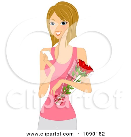 Clipart Happy Woman Holding Roses And Reading A Note - Royalty Free Vector Illustration by BNP Design Studio