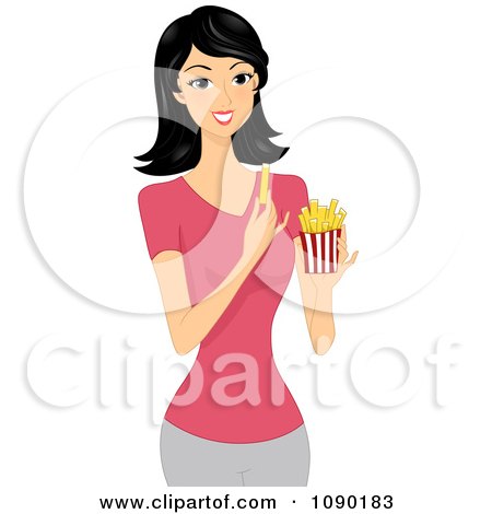 Clipart Young Asian Woman Eating French Fries - Royalty Free Vector Illustration by BNP Design Studio