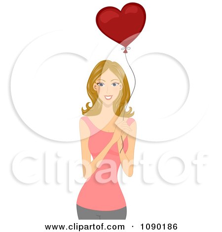 Clipart Happy Woman Holding A Valentine Heart Balloon - Royalty Free Vector Illustration by BNP Design Studio