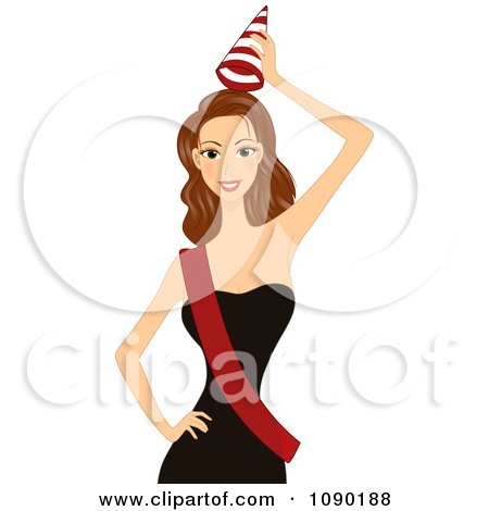 Clipart Brunette Woman Celebrating With A Party Hat Black Dress And Sash - Royalty Free Vector Illustration by BNP Design Studio