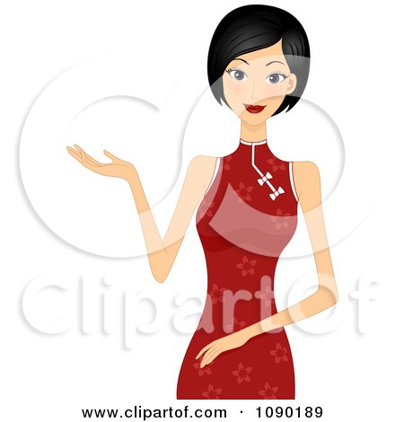 Clipart Chinese New Year Woman Presenting In A Red Dress - Royalty Free Vector Illustration by BNP Design Studio