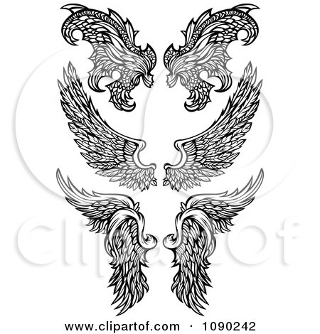 Clipart Black And White Ornate Angel And Demon Wings - Royalty Free Vector Illustration by Chromaco