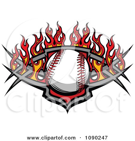 Clipart Baseball Over A Tribal Shield And Flames - Royalty Free Vector Illustration by Chromaco