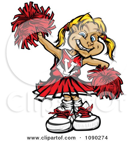 Clipart Blond Cheerleader Girl With Red Pom Poms - Royalty Free Vector Illustration by Chromaco