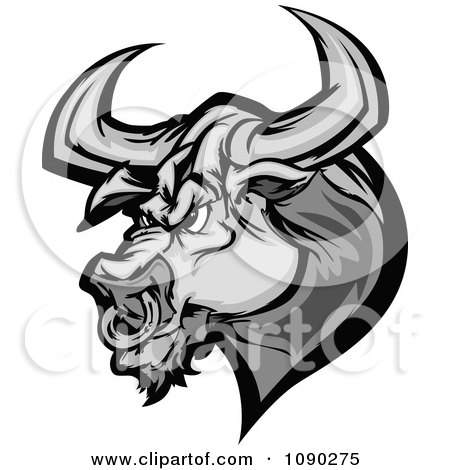 Clipart Grayscale Angry Bull Head Mascot - Royalty Free Vector Illustration by Chromaco