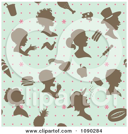 Clipart Seamless Retro Blue Brown And Pink People And Food Background - Royalty Free Vector Illustration by Cherie Reve