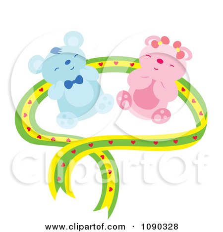 Clipart Teddy Bear Couple With A Green And Yellow Heart Ribbon - Royalty Free Vector Illustration by Cherie Reve
