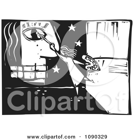 Clipart Girl Painting A Face And Stars Black And White Woodcut - Royalty Free Vector Illustration by xunantunich