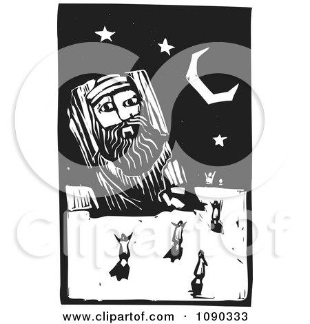 Clipart People Dancing Around A Giant Statue Under The Stars Black And White Woodcut - Royalty Free Vector Illustration by xunantunich