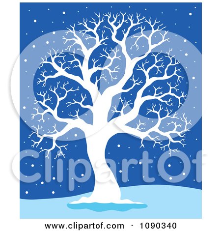 Clipart Silhouetted White Bare Tree In The Snow On Blue - Royalty Free Vector Illustration by visekart
