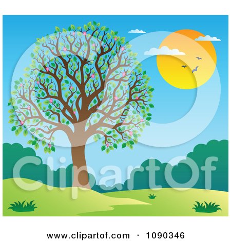 Clipart Blossoming Tree In A Spring Landscape - Royalty Free Vector Illustration by visekart