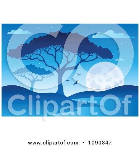 Clipart Blue African Night Landscape With A Tree And Watering Hole - Royalty Free Vector Illustration by visekart