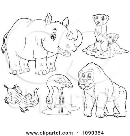 Clipart Outlined Rhino Meerkat Lizard Flamingo And Gorilla Zoo Animals - Royalty Free Vector Illustration by visekart