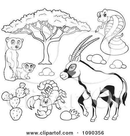Clipart Outlined Meerkat Scorpion Cobra And Gazelle Savannah Wildlife - Royalty Free Vector Illustration by visekart