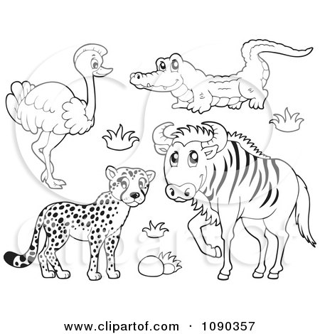 Clipart Outlined Cheetah Ostrich Crocodile And Wildebeest Savannah Wildlife  - Royalty Free Vector Illustration by visekart #1090357