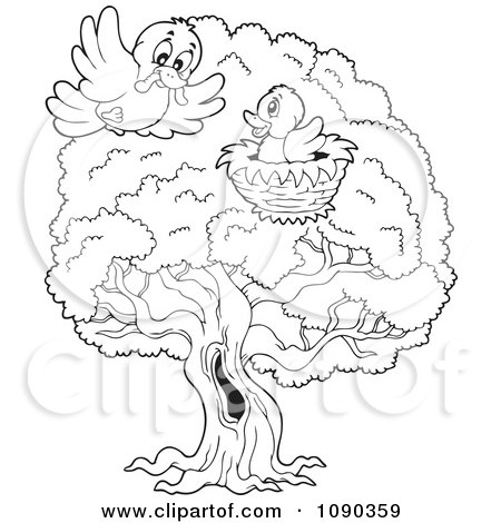 Clipart Outlined Birds In A Tree Nest One Delivering A Worm - Royalty Free Vector Illustration by visekart