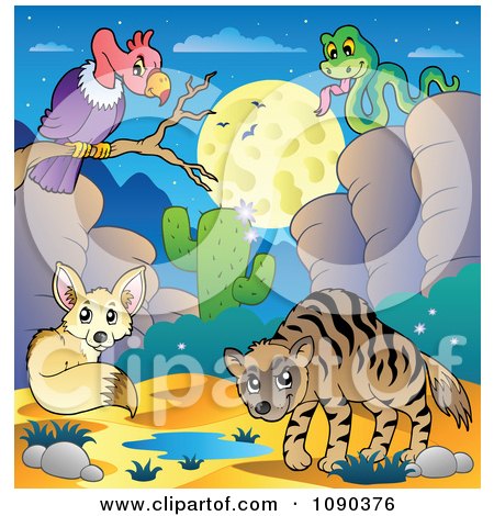 Clipart Desert Vulture Fox Snake And Hyena By A Watering Hole At Night - Royalty Free Vector Illustration by visekart