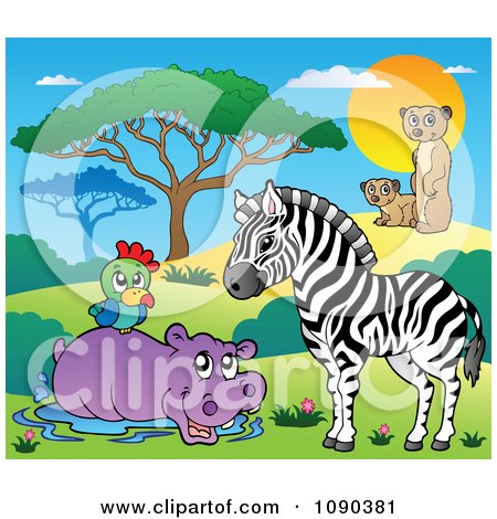 Clipart Wading Hippo Parrot Zebra And Meerkat Savannah Animals - Royalty Free Vector Illustration by visekart