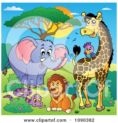 Clipart Squirting Elephant Parrot Giraffe Lion And Snake Savannah Animals - Royalty Free Vector Illustration by visekart
