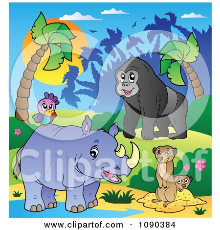 Clipart African Animals A Gorilla Rhino And Meerkats By A Pond - Royalty Free Vector Illustration by visekart
