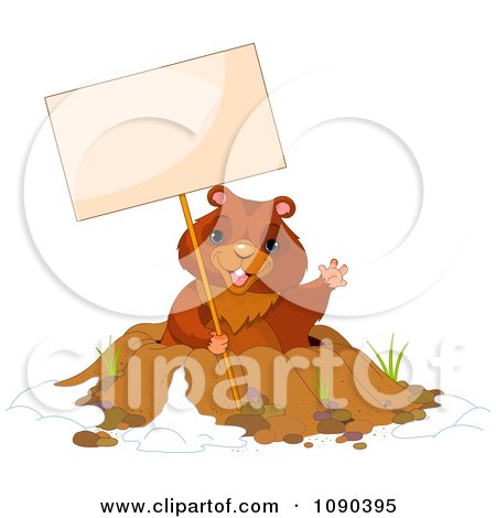 Clipart Cute Groundhog Waving And Holding A Sign Over His Den - Royalty Free Vector Illustration by Pushkin