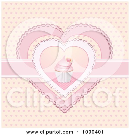 Clipart 3d Valentine Cupcake In The Center Of Doily Hearts - Royalty Free Vector Illustration by elaineitalia