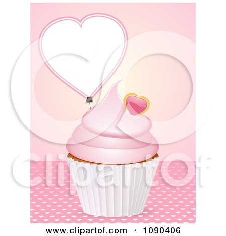 Clipart 3d Valentine Cupcake With Pink Frosting And A Heart Tag - Royalty Free Vector Illustration by elaineitalia