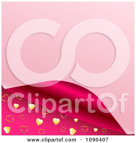 Clipart 3d Pink Page Curling To Reveal A Magenta And Gold Heart Pattern - Royalty Free Vector Illustration by elaineitalia