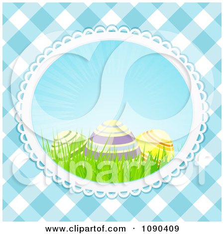 Clipart 3d Easter Eggs And Grass In An Oval Over Blue Gingham - Royalty Free Vector Illustration by elaineitalia