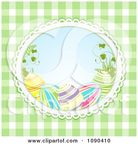 Clipart 3d Easter Eggs And Grass In An Oval Over Green Gingham - Royalty Free Vector Illustration by elaineitalia