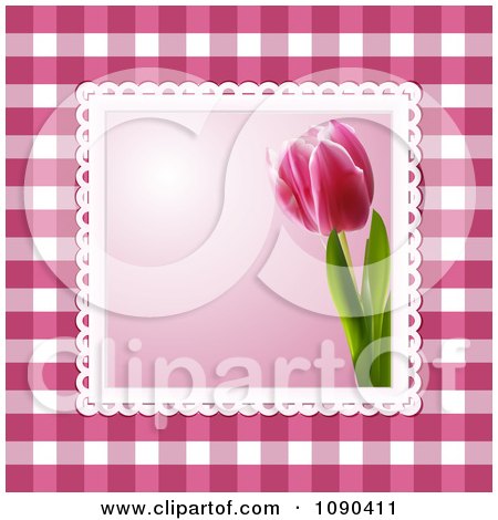 Clipart 3d Pink Tulip Picture Over Magenta Gingham - Royalty Free Vector Illustration by elaineitalia