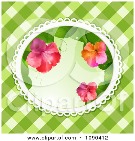 Clipart 3d Hibiscus Flowers In An Oval Over Green Gingham - Royalty Free Vector Illustration by elaineitalia