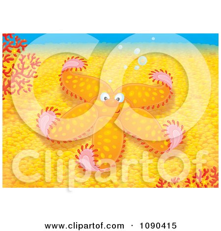 Clipart Orange Starfish By Corals On The Sea Floor - Royalty Free Illustration by Alex Bannykh