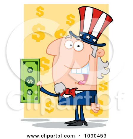 Clipart Uncle Sam Holding Cash Over Yellow Dollar Symbols - Royalty Free Vector Illustration by Hit Toon