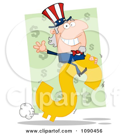 Clipart Waving Uncle Sam Riding A Dollar Symbol - Royalty Free Vector Illustration by Hit Toon