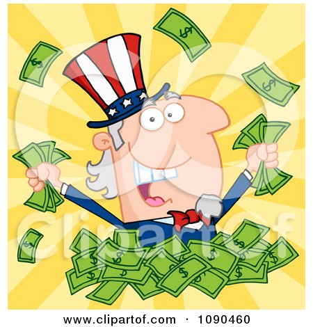 Clipart Rich Uncle Sam Playing In A Pile Of Money - Royalty Free Vector Illustration by Hit Toon