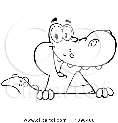 Clipart Outlined Smiling Alligator Over A Sign Board - Royalty Free Vector Illustration by Hit Toon