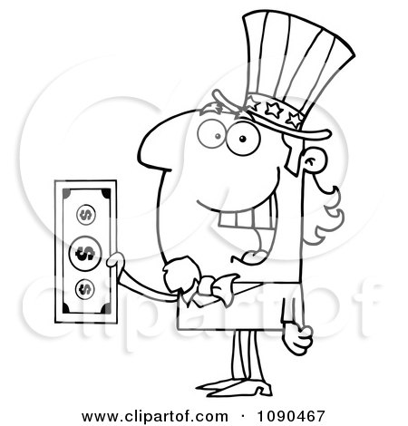 Clipart Outlined Uncle Sam Holding Tax Dollars - Royalty Free Vector Illustration by Hit Toon