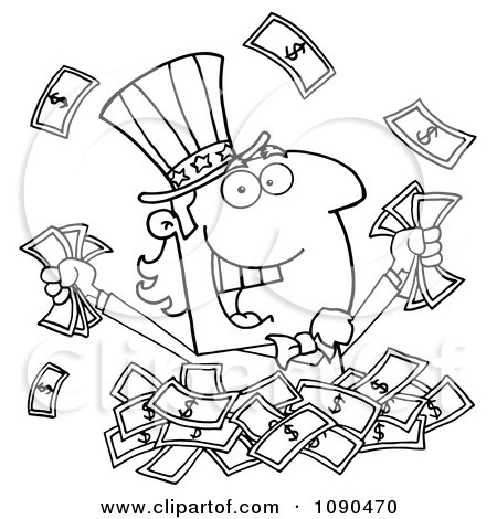 Clipart Outlined Uncle Sam Playing In A Pile Of Cash - Royalty Free Vector Illustration by Hit Toon