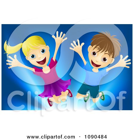 Clipart Happy Blond Girl And Brunette Boy Jumping Over Blue - Royalty Free Vector Illustration by AtStockIllustration