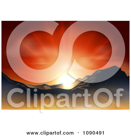 Clipart Orange Sunset Over A Mountainous Landscape - Royalty Free Vector Illustration by AtStockIllustration