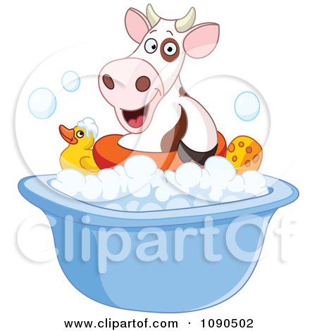 Clipart Cute Cow Floating In A Bath Tub - Royalty Free Vector Illustration by yayayoyo