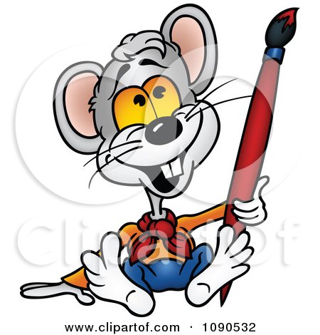 Clipart Artist Mouse Holding A Paintbrush And Sitting - Royalty Free Vector Illustration by dero
