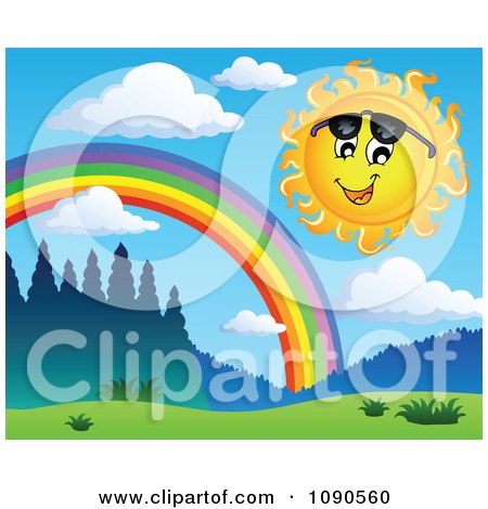 Clipart Happy Summer Sun Looking Under Shades By A Rainbow - Royalty Free Vector Illustration by visekart