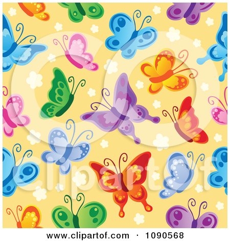 Clipart Seamless Colorful Butterfly And Yellow Background - Royalty Free Vector Illustration by visekart