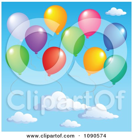 Clipart Colorful Party Balloons Floating In A Cloudy Sky - Royalty Free Vector Illustration by visekart