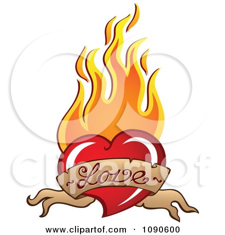 Clipart Love Banner Red Heart With Orange Flames - Royalty Free Vector Illustration by visekart