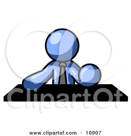 Blue Businessman Seated at a Desk During a Meeting Clipart Illustration by Leo Blanchette
